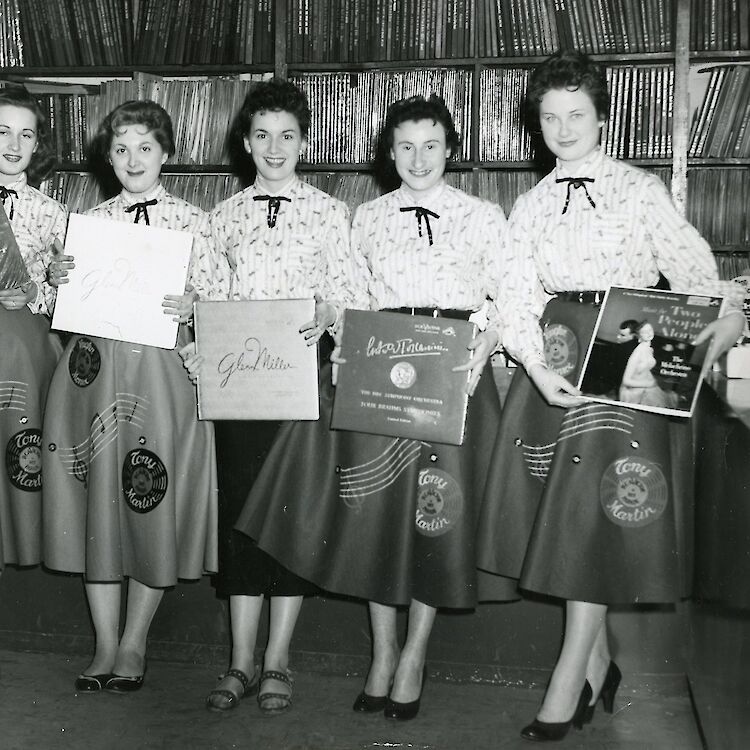 Helga Schuliakewich, far right, worked for Sam Sniderman at Sniderman’s Music Hall on College St. (Photo courtesy of the family.)