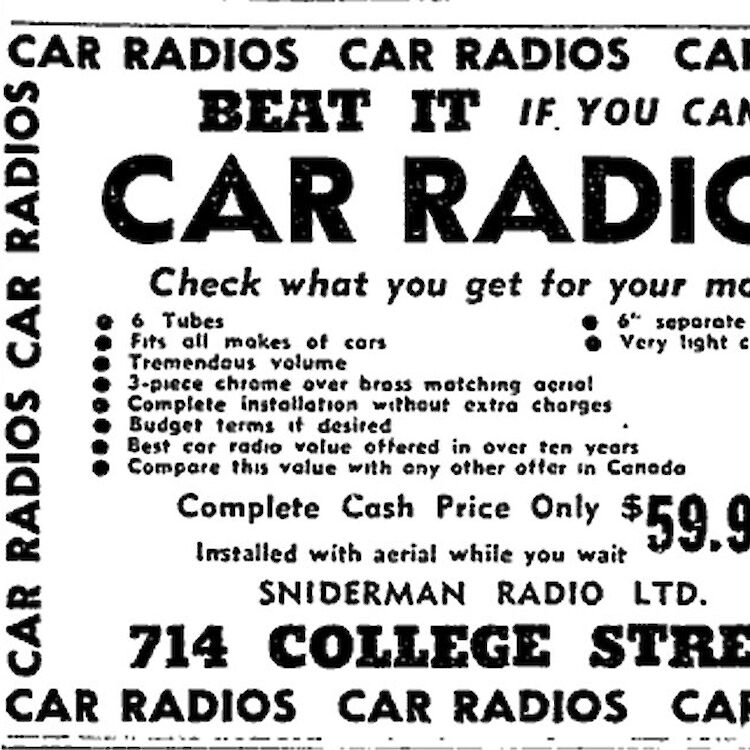 An ad for car radios at Sniderman Radio Limited. (Image courtesy of the family.)