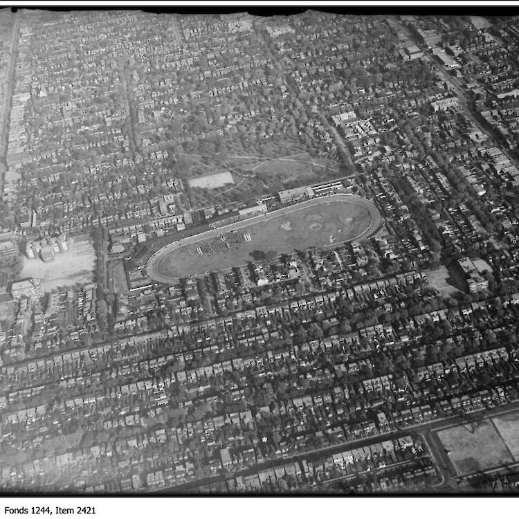 Aerial view of the former Dufferin Race Track where the Dufferin Mall is now located.