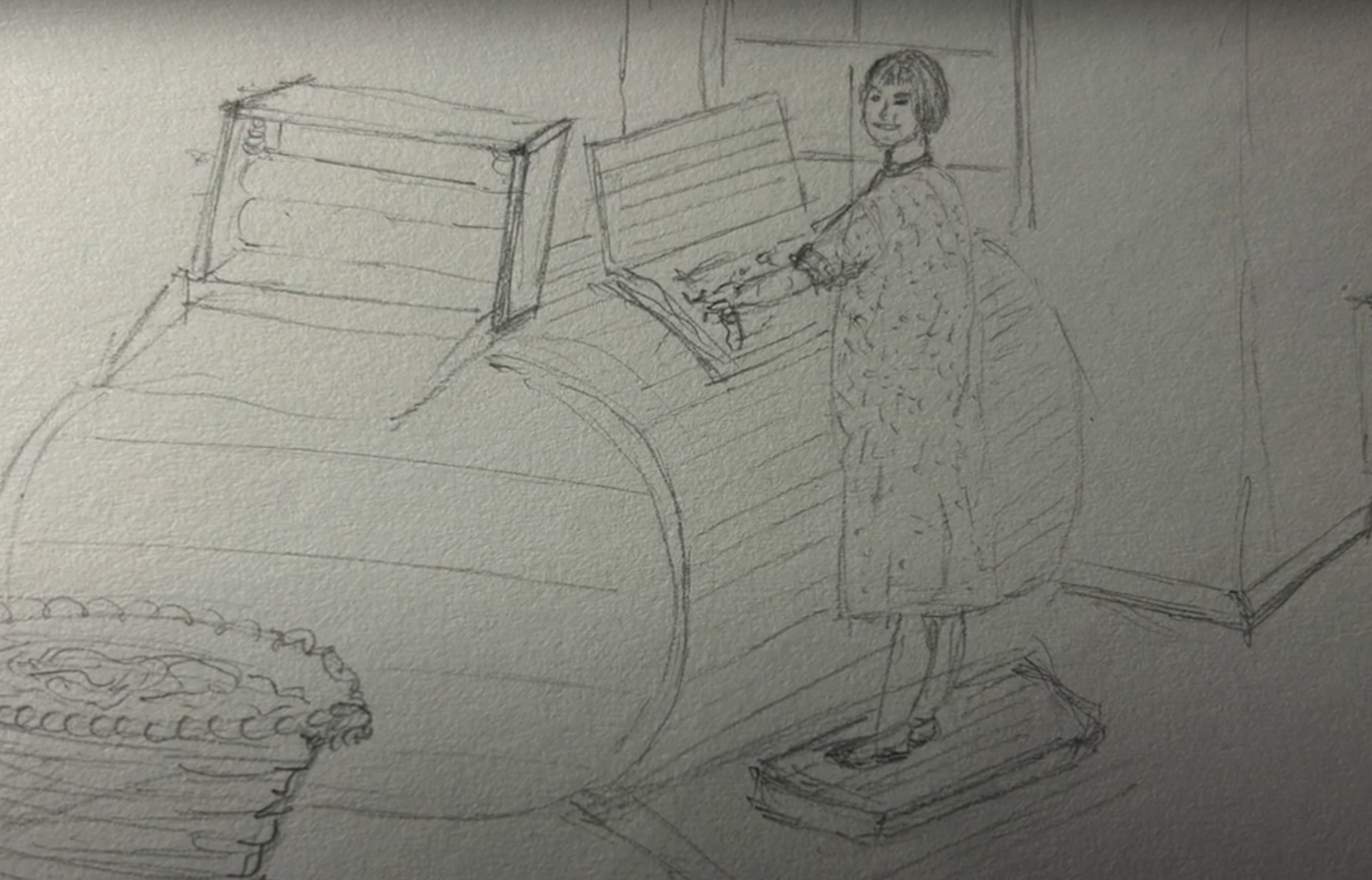 Johnming Mark's sketch shows his grandmother at work in her laundry. (Image courtesy of Johnming Mark)