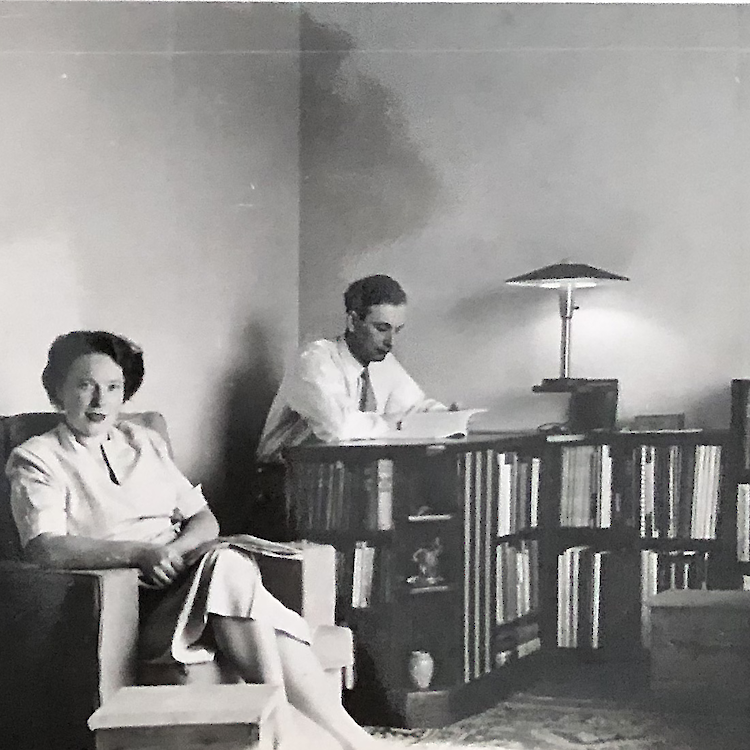 Ingrid's father, a civil engineer, working at the desk he built.