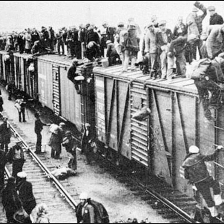 Men riding the trains during the depression (Photo courtesy of Wikipedia.)