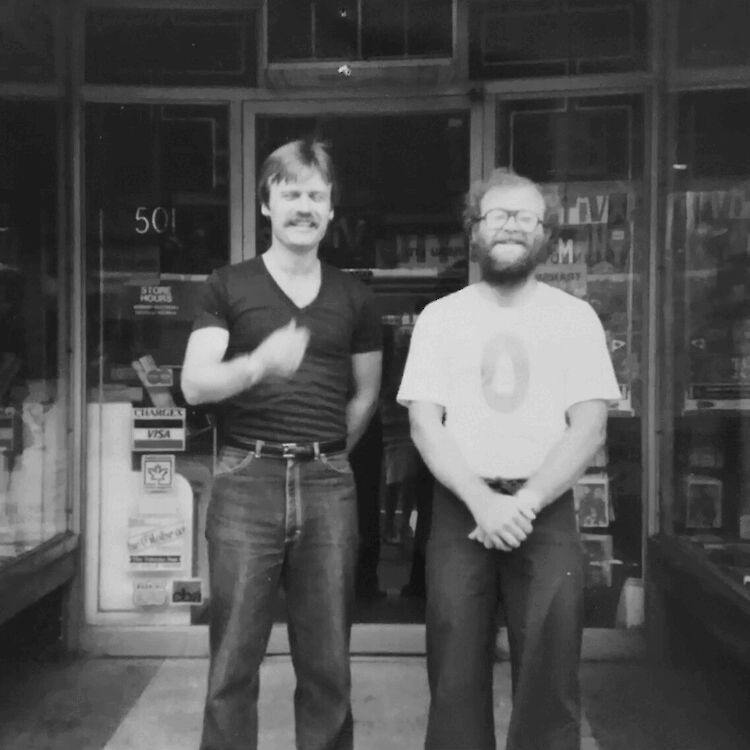 Michael Gillies and John Snyder at entrance of Book City