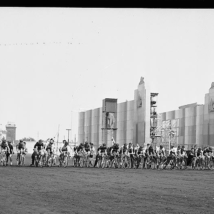 A marathon bike race at the CNE Grandstand in the 1950s.